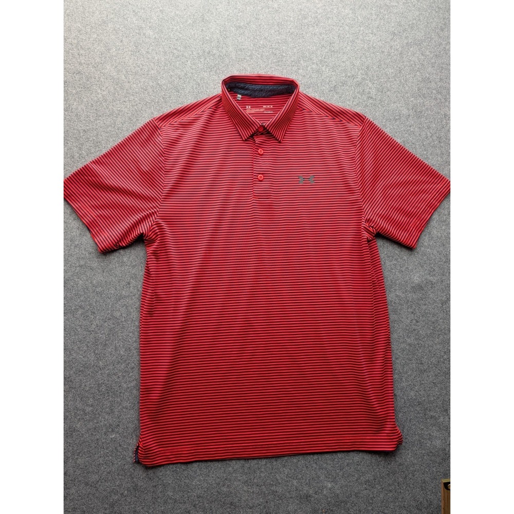 Under Armor Heat Gear Men's Polo Shirt Medium Orange Blue Striped Short Sleeve